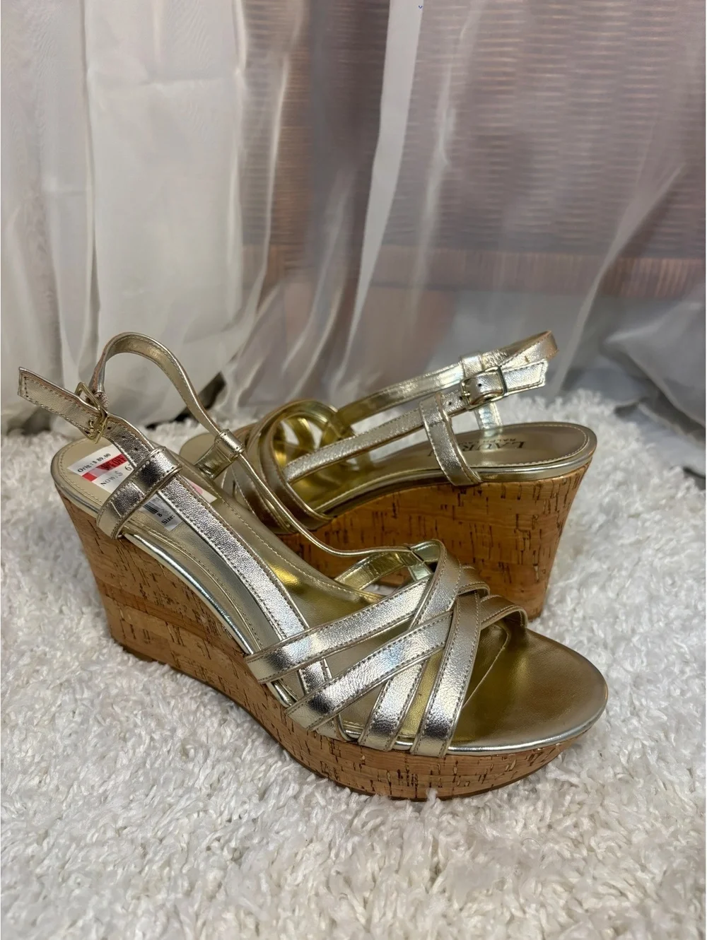 Lauren Ralph Lauren Gold Cork Wedge Coastal Sandals Metallic Strappy Size 8.5